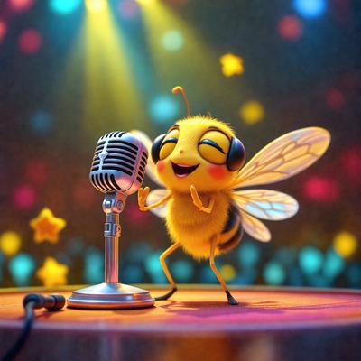 The primary subject of the image is a cartoon bee, which is standing on a stage and holding a microphone. The setting is a stage with a backdrop of a colorful starry sky. The visual style is a digital art or illustration, creating a whimsical and playful atmosphere. The colors and mood are predominantly bright and cheerful, with the starry sky adding a touch of magic and wonder to the scene.